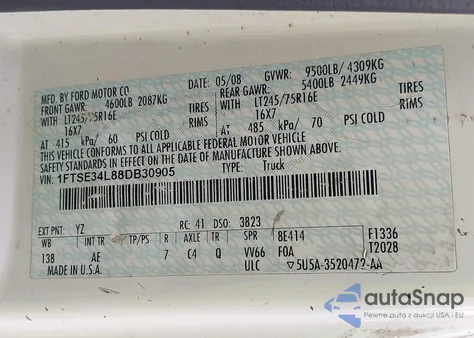 2008 Ford E-350 Super Duty Commercial/Recreational из США, поврежденный, VIN 1FTSE34L88DB30905